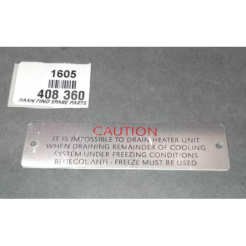 New Old Stock MG Heater Caution Plate 408 360