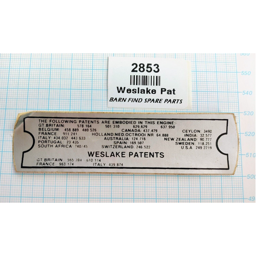 Classic WESLAKE PATENTS decal sticker - MGC Roadster & MGCGT 6Cyl 1967-69