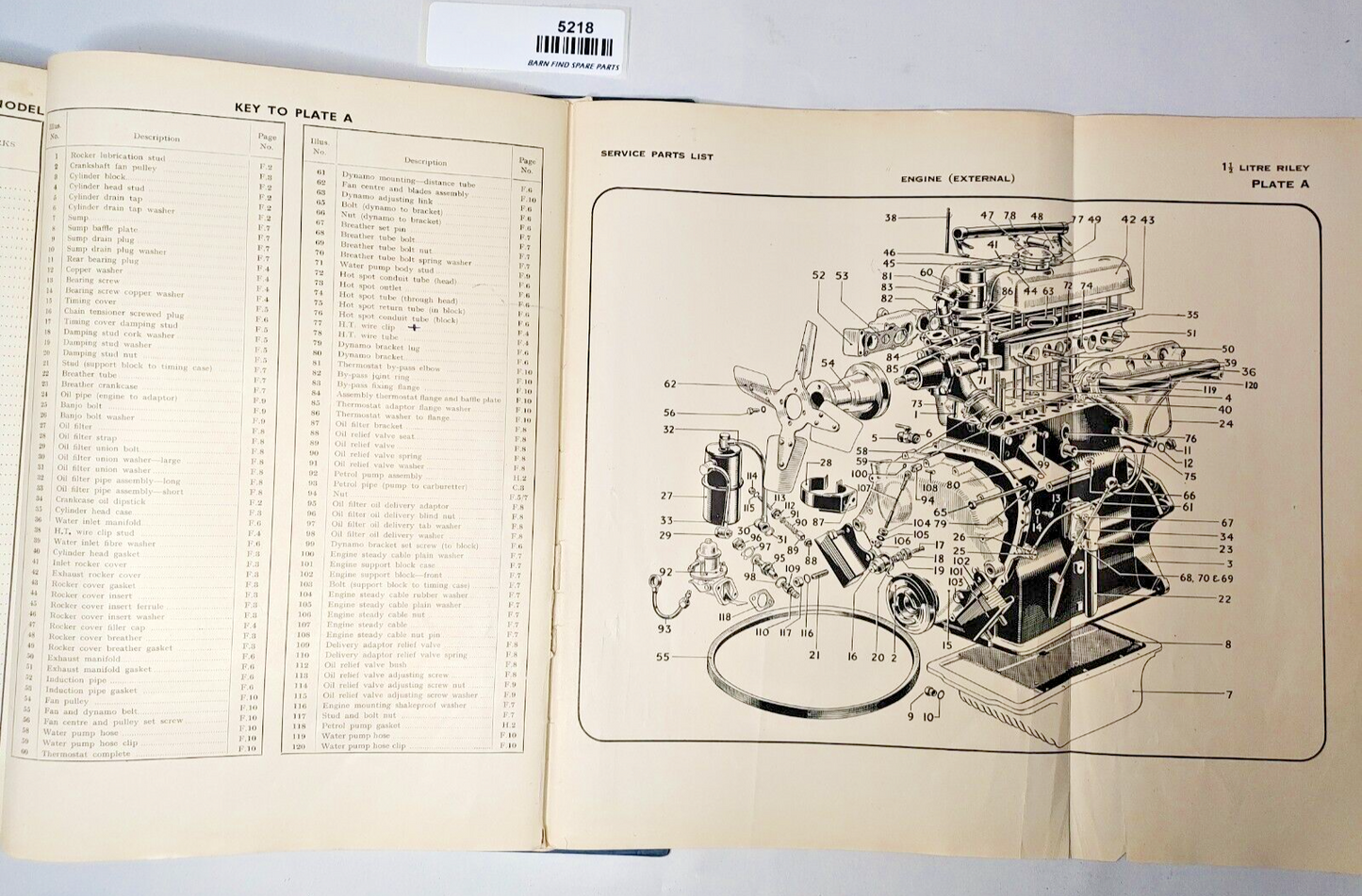 Original Riley 1 1/2 litre RMA Original Illustrated List of Service Parts 195110