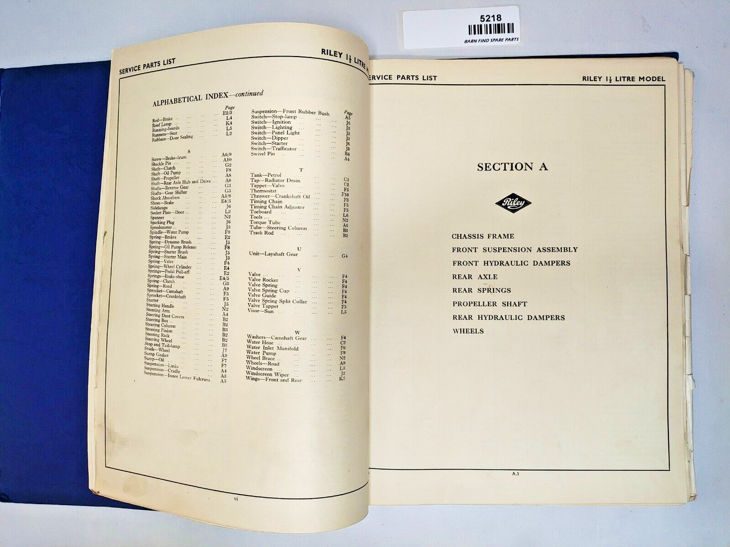 Original Riley 1 1/2 litre RMA Original Illustrated List of Service Parts 19514