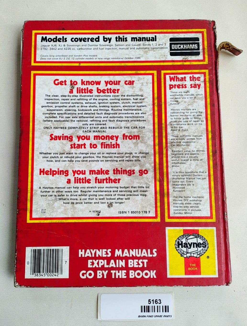 Hardcover Jaguar Daimler Sovereign XJ6 Series 1 2 & 3 1968-1986 Haynes Manual1