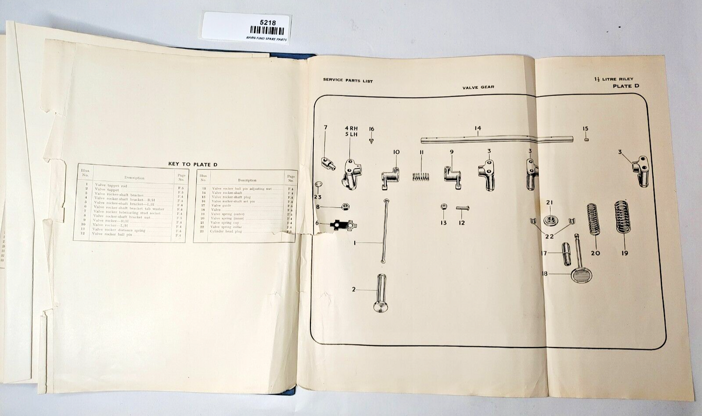 Original Riley 1 1/2 litre RMA Original Illustrated List of Service Parts 195114