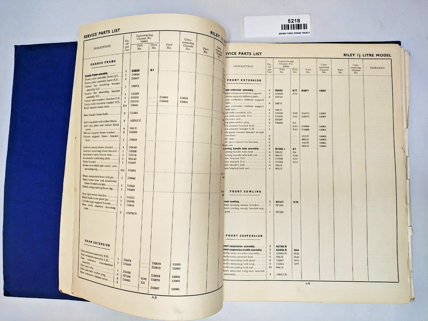 Original Riley 1 1/2 litre RMA Original Illustrated List of Service Parts 19515