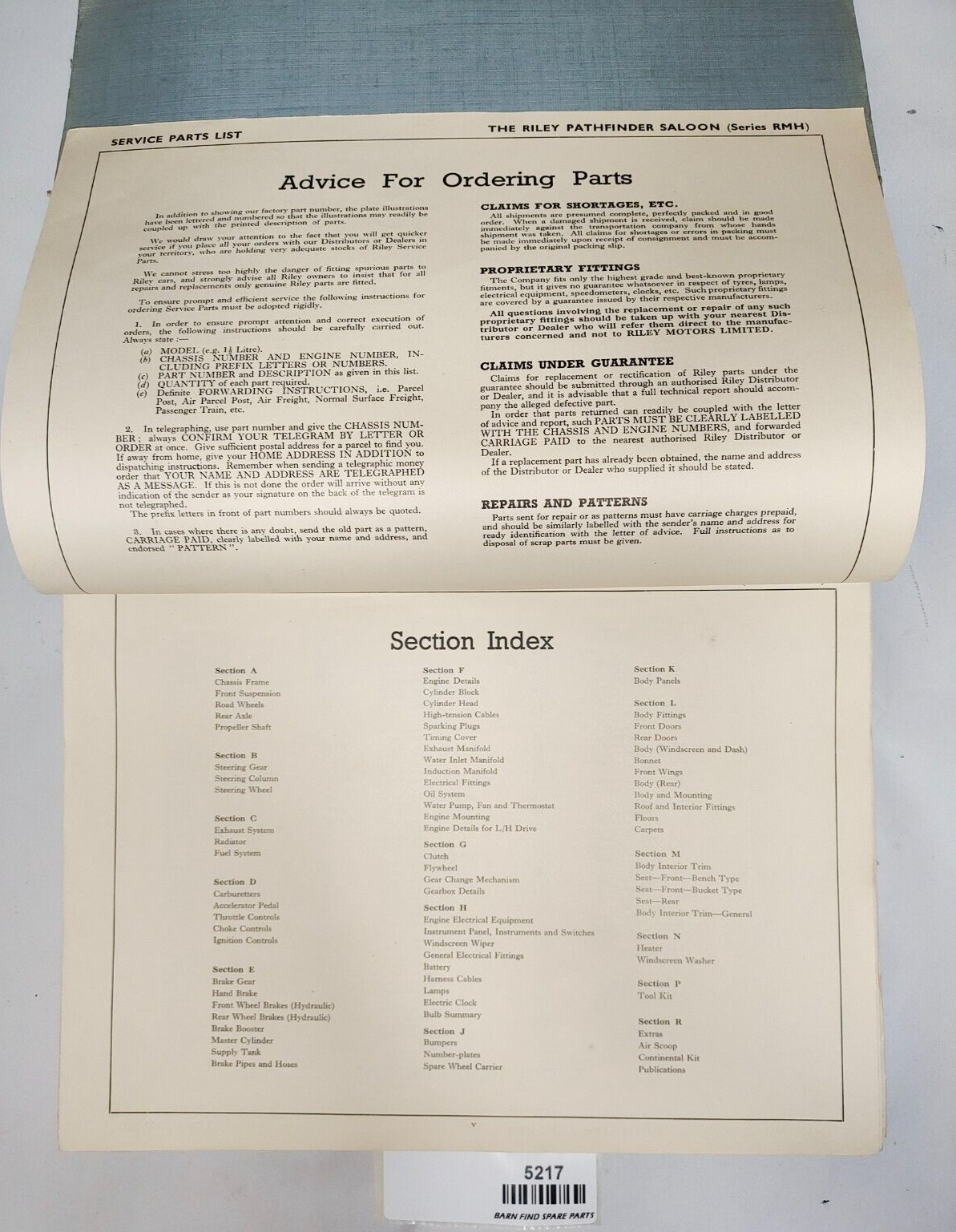 Original Riley Pathfinder RMH Saloon Illustrated Parts List Pub. AJB5172 19545