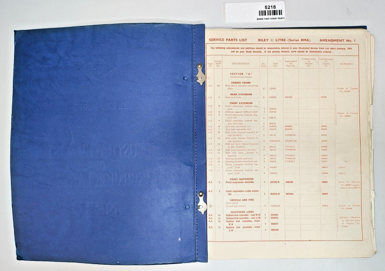 Original Riley 1 1/2 litre RMA Original Illustrated List of Service Parts 19511