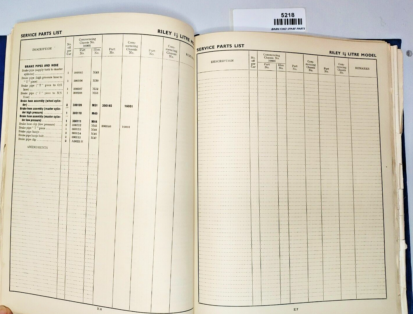 Original Riley 1 1/2 litre RMA Original Illustrated List of Service Parts 19517