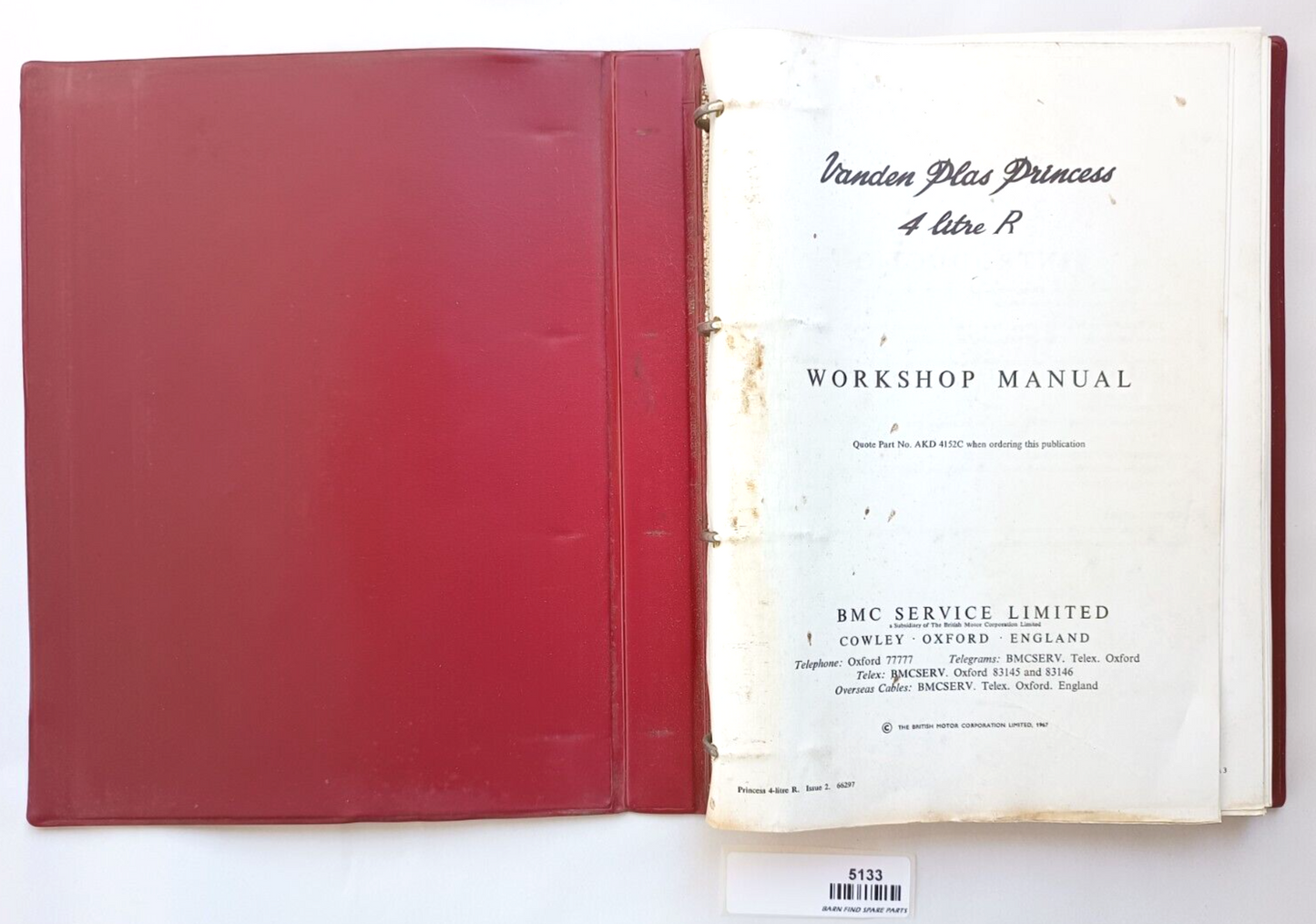 Original Vanden Plas Princess 4-Litre-R workshop Manual in hard binder 1967 ed.1