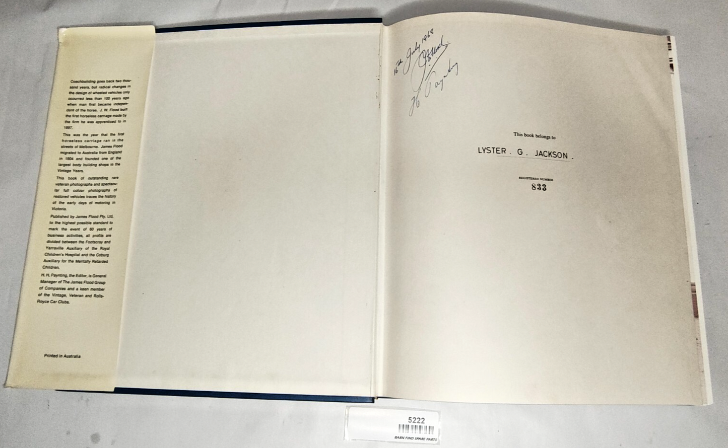 Signed 1st Edition The James Flood Book of Early Motoring Hardcover 19682