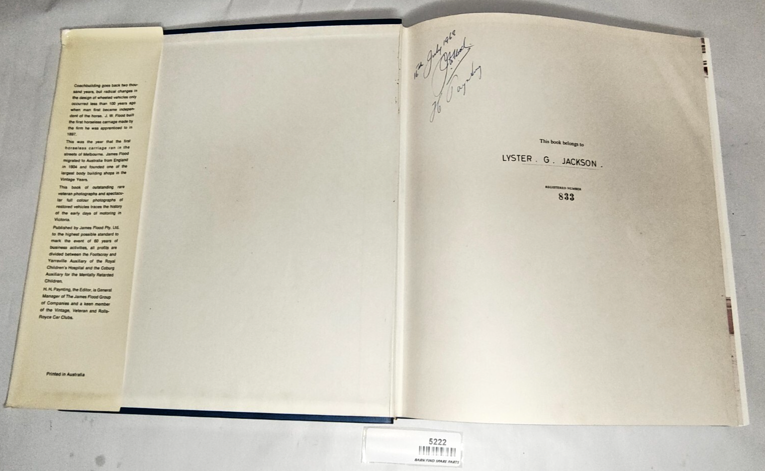 Signed 1st Edition The James Flood Book of Early Motoring Hardcover 19682
