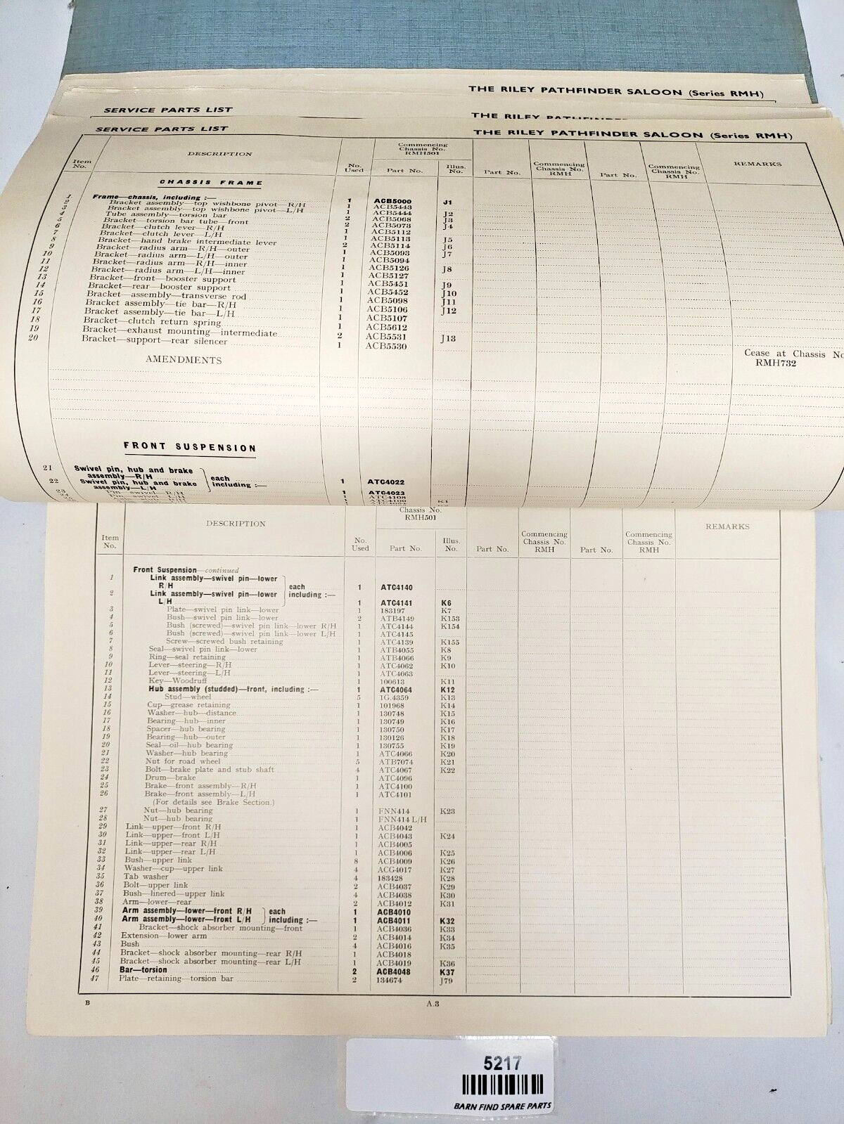 Original Riley Pathfinder RMH Saloon Illustrated Parts List Pub. AJB5172 19549