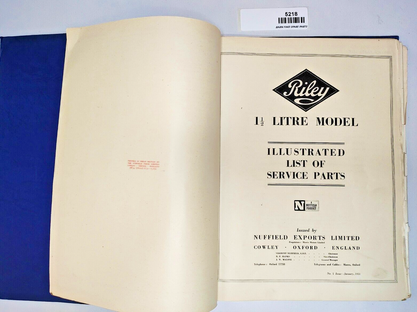 Original Riley 1 1/2 litre RMA Original Illustrated List of Service Parts 19512