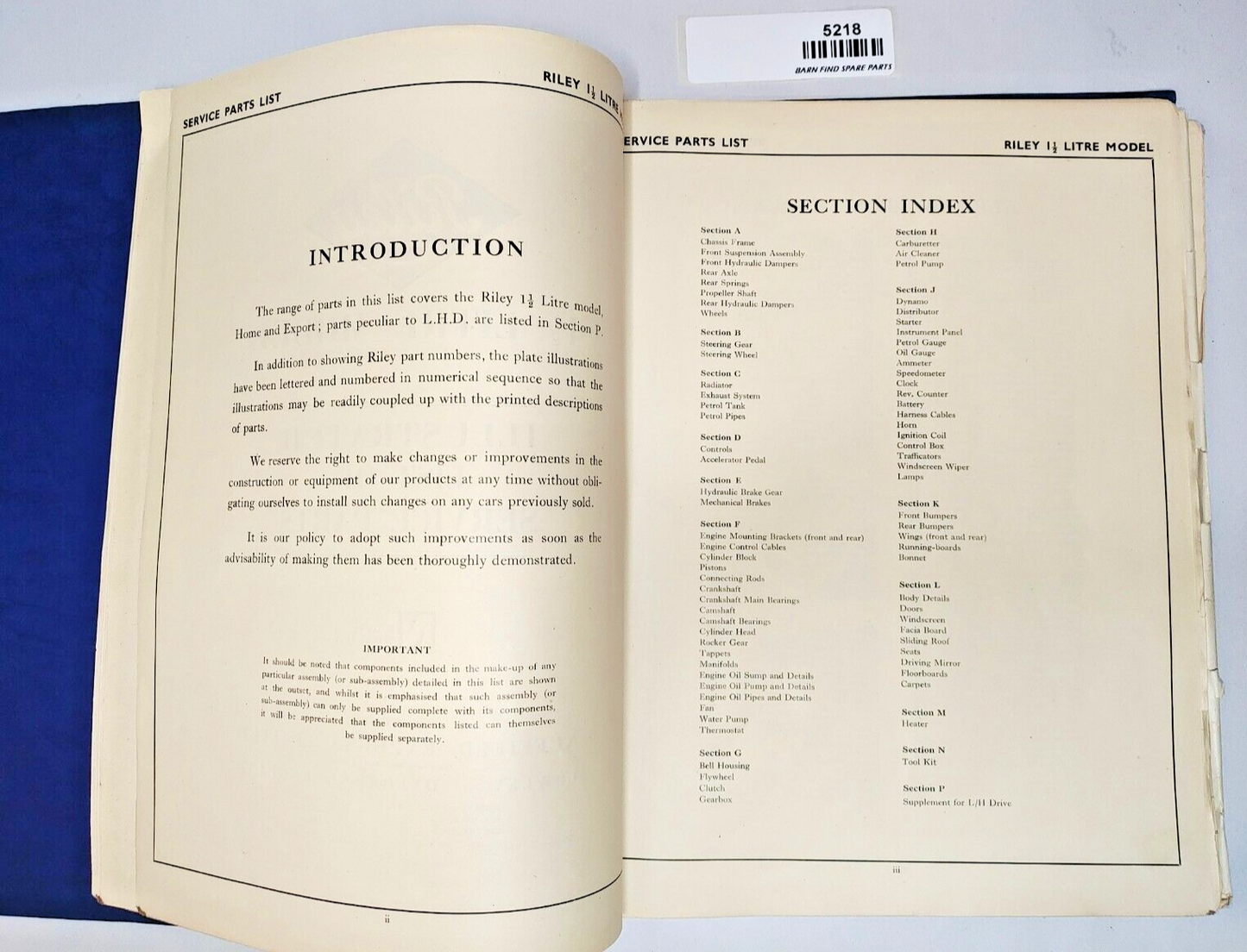 Original Riley 1 1/2 litre RMA Original Illustrated List of Service Parts 19513