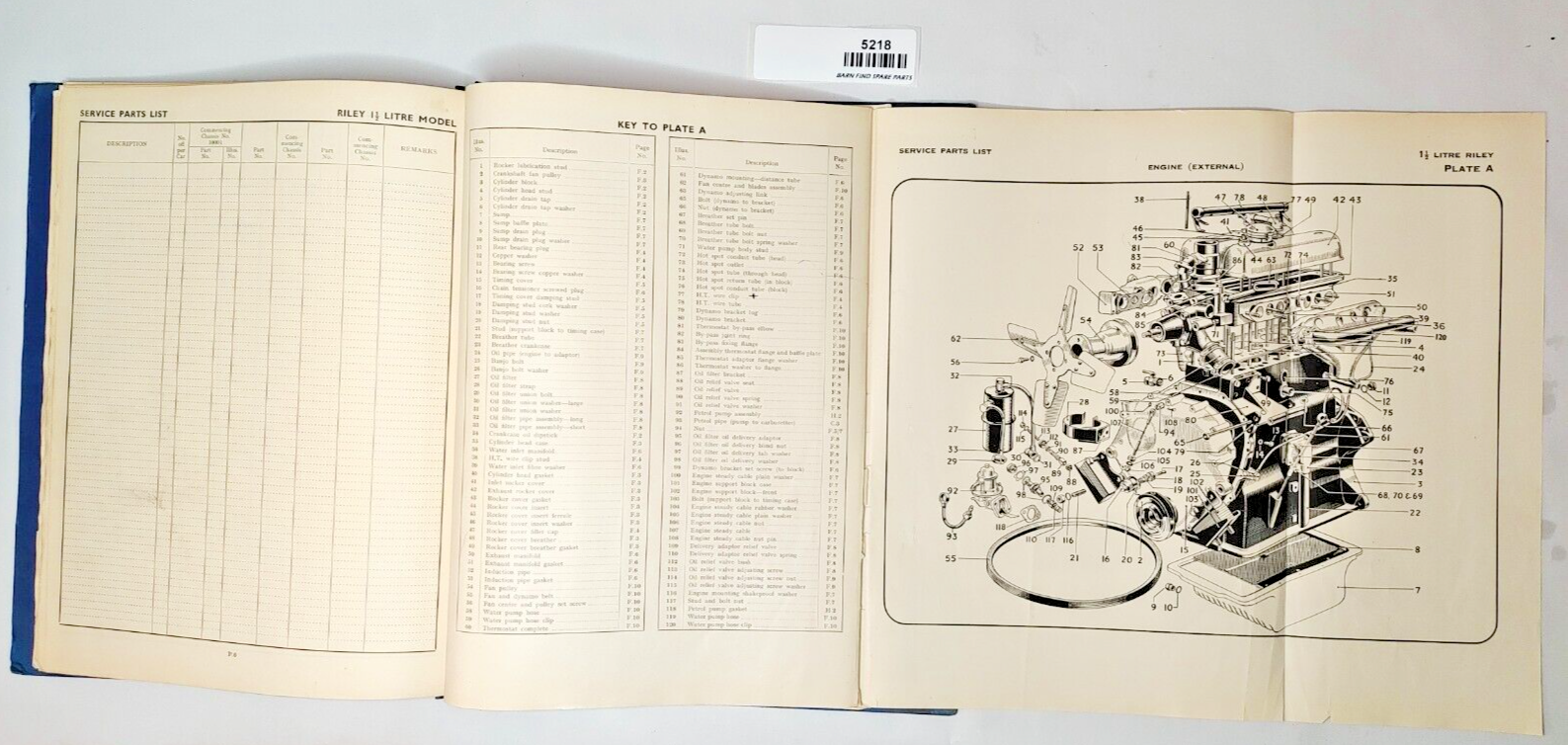 Original Riley 1 1/2 litre RMA Original Illustrated List of Service Parts 19519