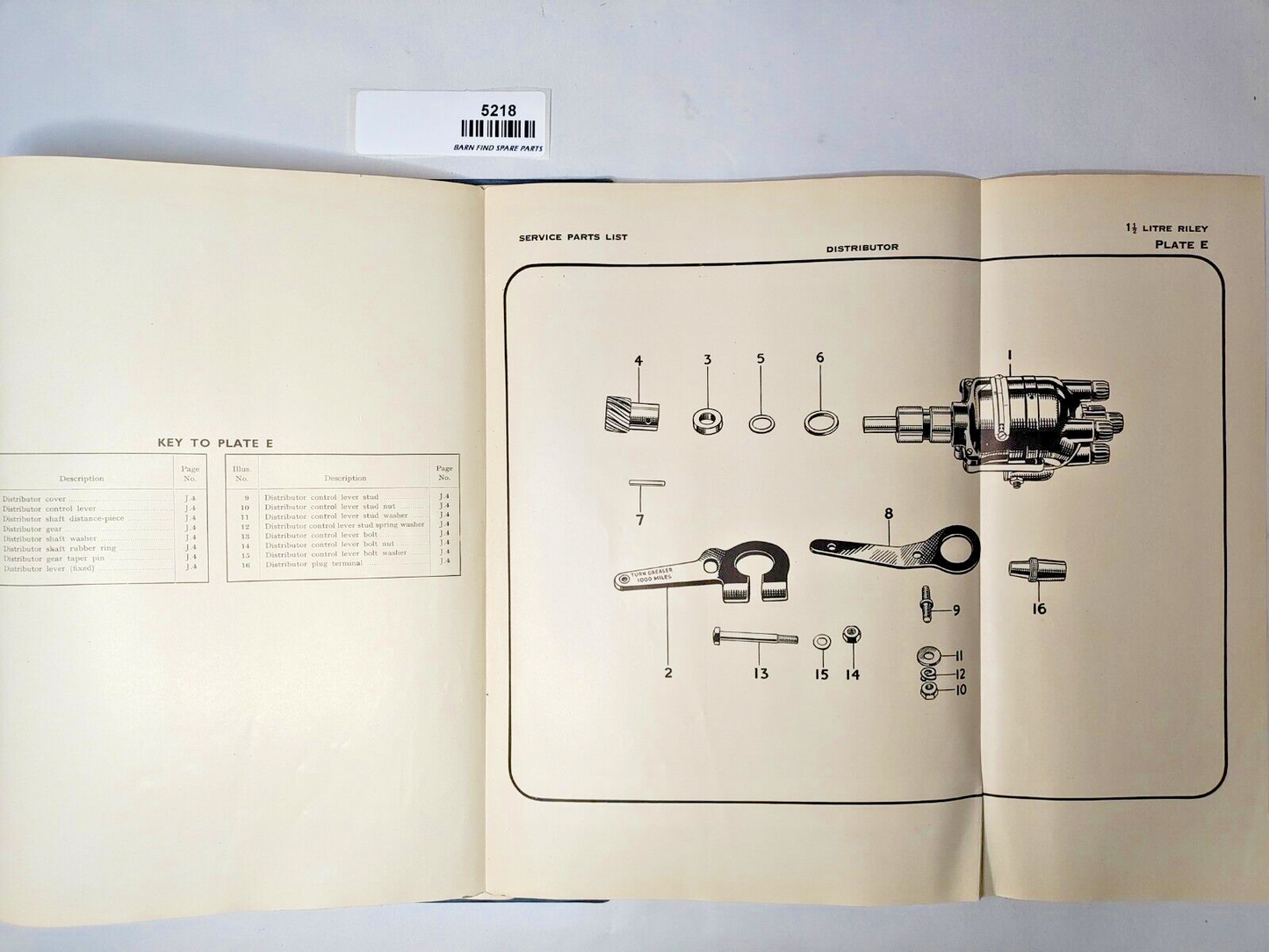 Original Riley 1 1/2 litre RMA Original Illustrated List of Service Parts 195112