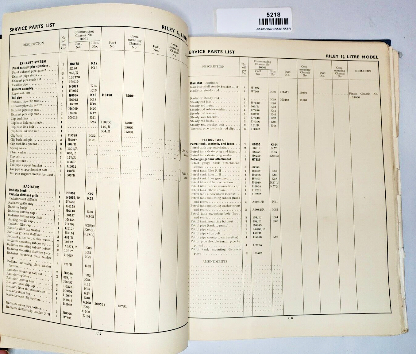 Original Riley 1 1/2 litre RMA Original Illustrated List of Service Parts 19516