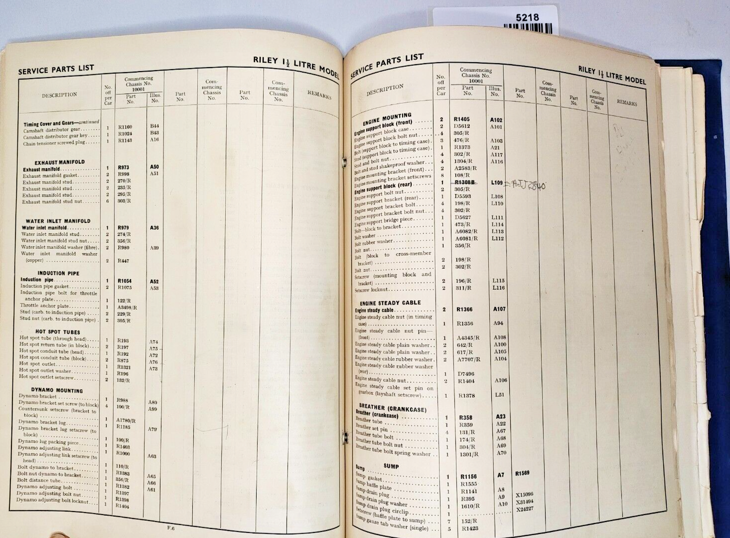 Original Riley 1 1/2 litre RMA Original Illustrated List of Service Parts 19518