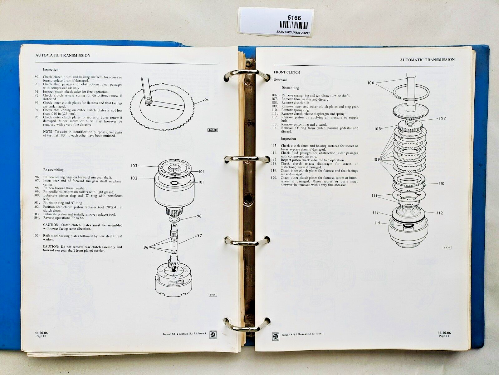 Original Jaguar XJ12 Repair Operation Manual E.172 Issue 1 1972 in hard binder10